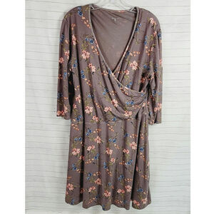 GARNET HILL Brianna Surplice Knit Dress in Taupe Floral, sz XL